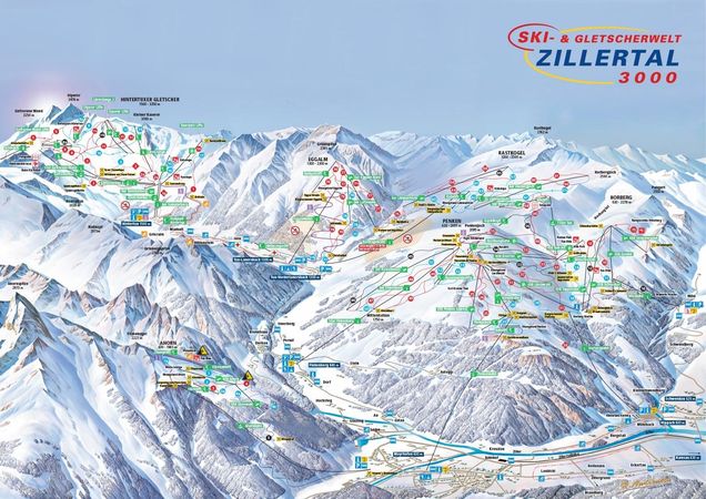 Mapa sjezdovek Ski- und Gletscherwelt Zillertal 3000
