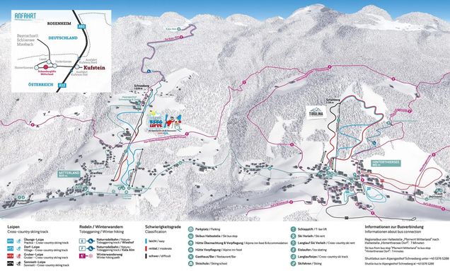 Piantina delle piste Tirolina e Familien-Skizentrum Schneeberg-Mitterland