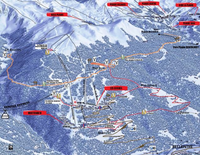 Piantina con piste di sci di fondo Les Coches