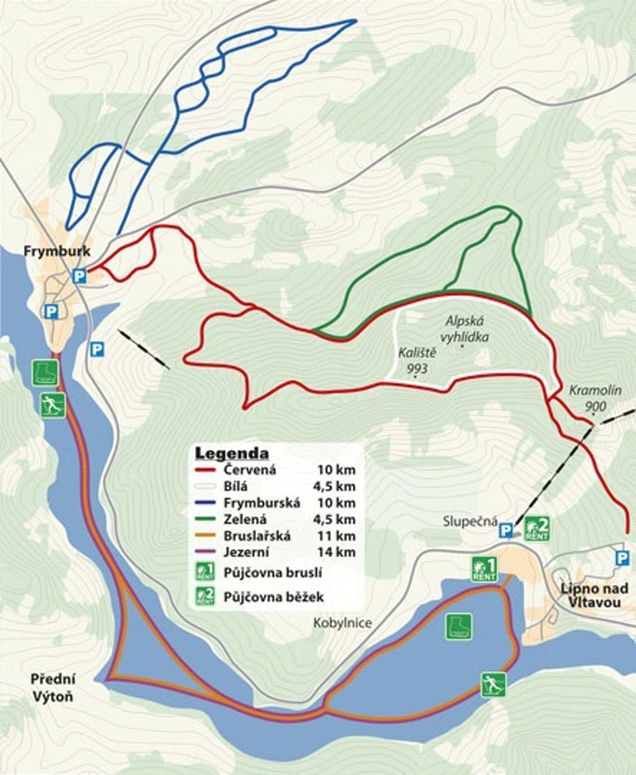 Plano pistas de esquí de fondo Lipno nad Vltavou