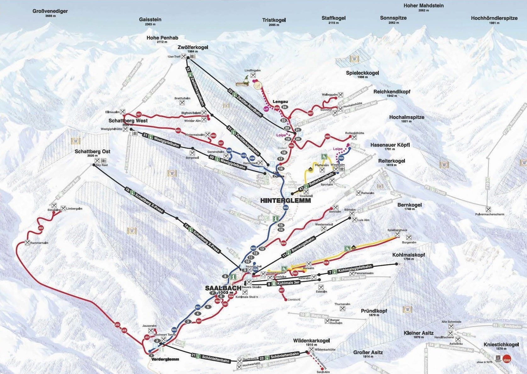 karta över saalbach I Alperna finns det goda möjligheter till att åka på längden 