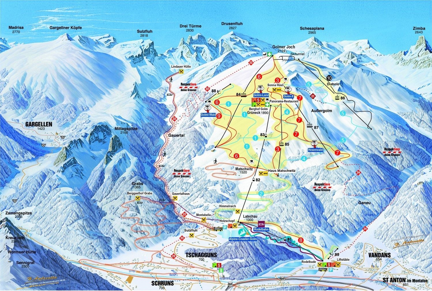 Pistenplan / Karte Skigebiet Tschagguns, 
