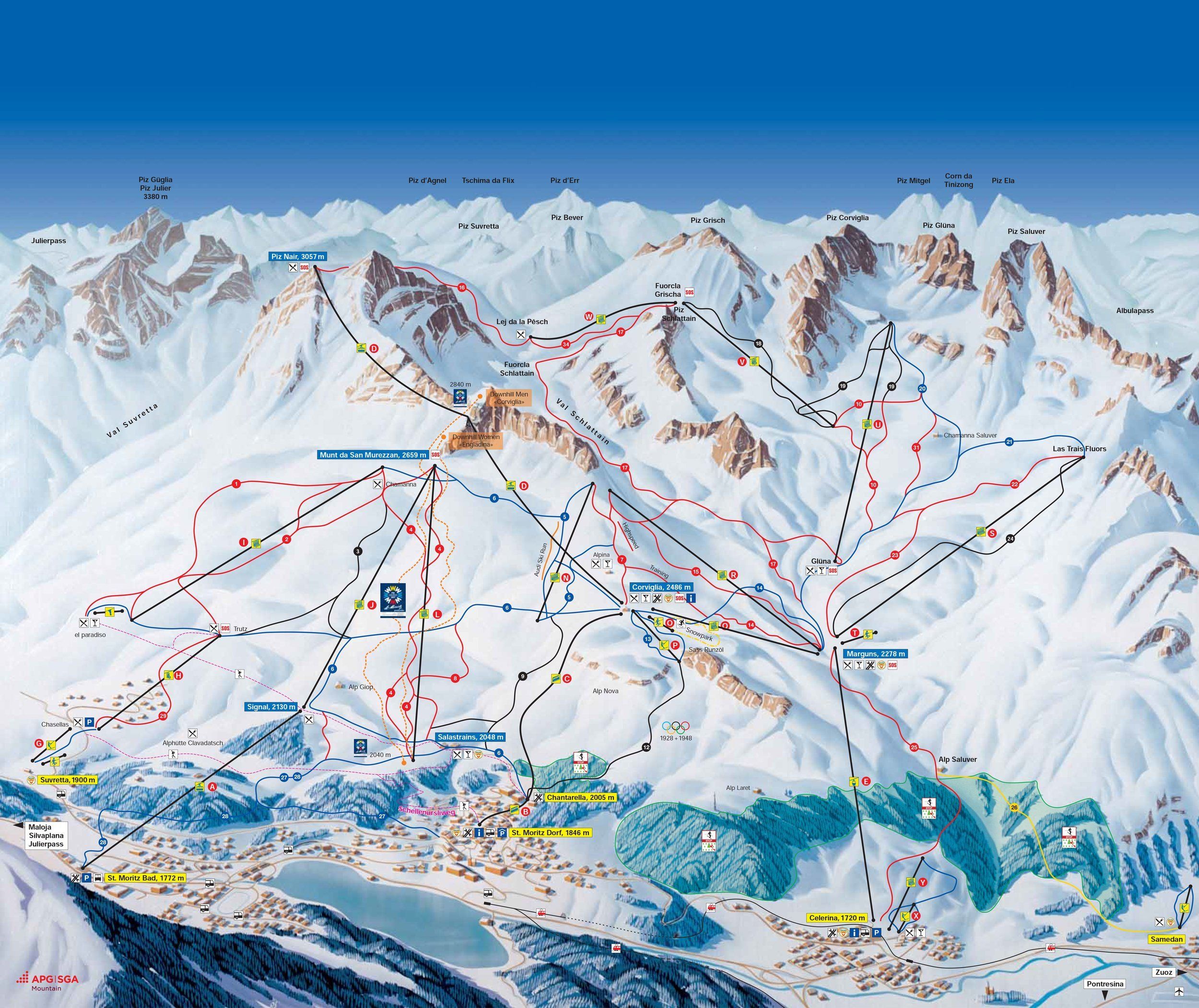 Pistenplan / Karte Skigebiet Zuoz (St. Moritz), Schweiz