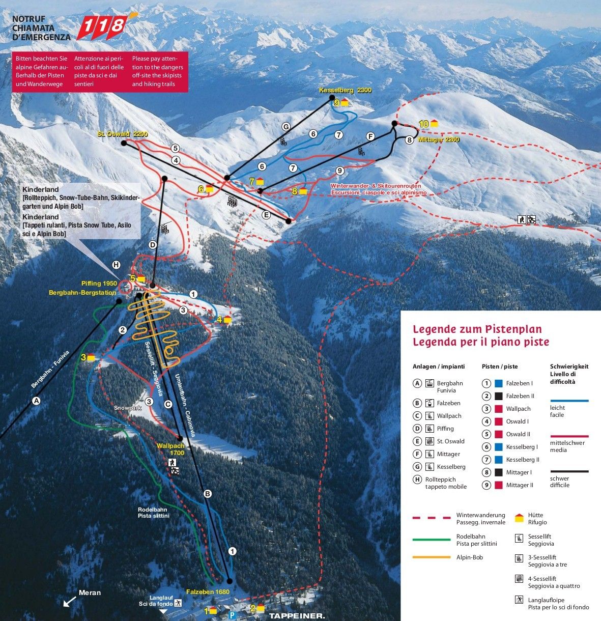 Pistenplan / Karte Skigebiet Meran, Italien