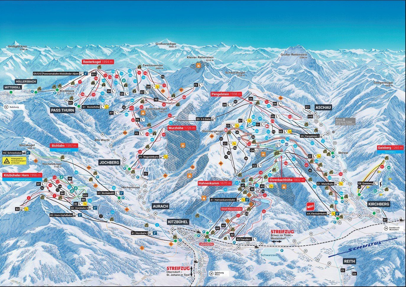 Pistenplan / Karte Skigebiet Pass Thurn, Österreich