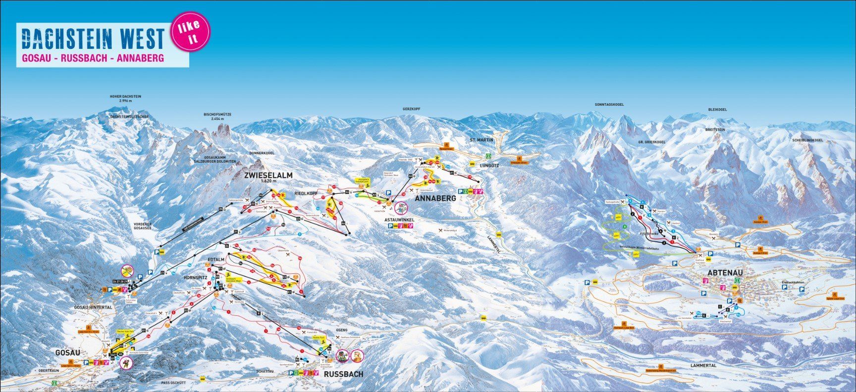 Pistenplan / Karte Skigebiet Abtenau, Österreich