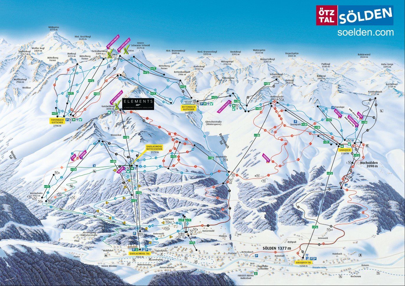 Pistenplan / Karte Skigebiet Sölden, Österreich