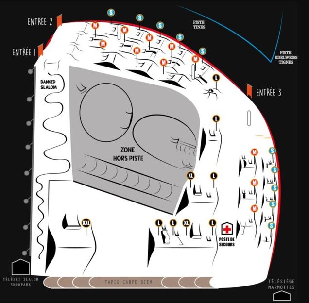 Plan snowparku Tignes - Val d'Isère