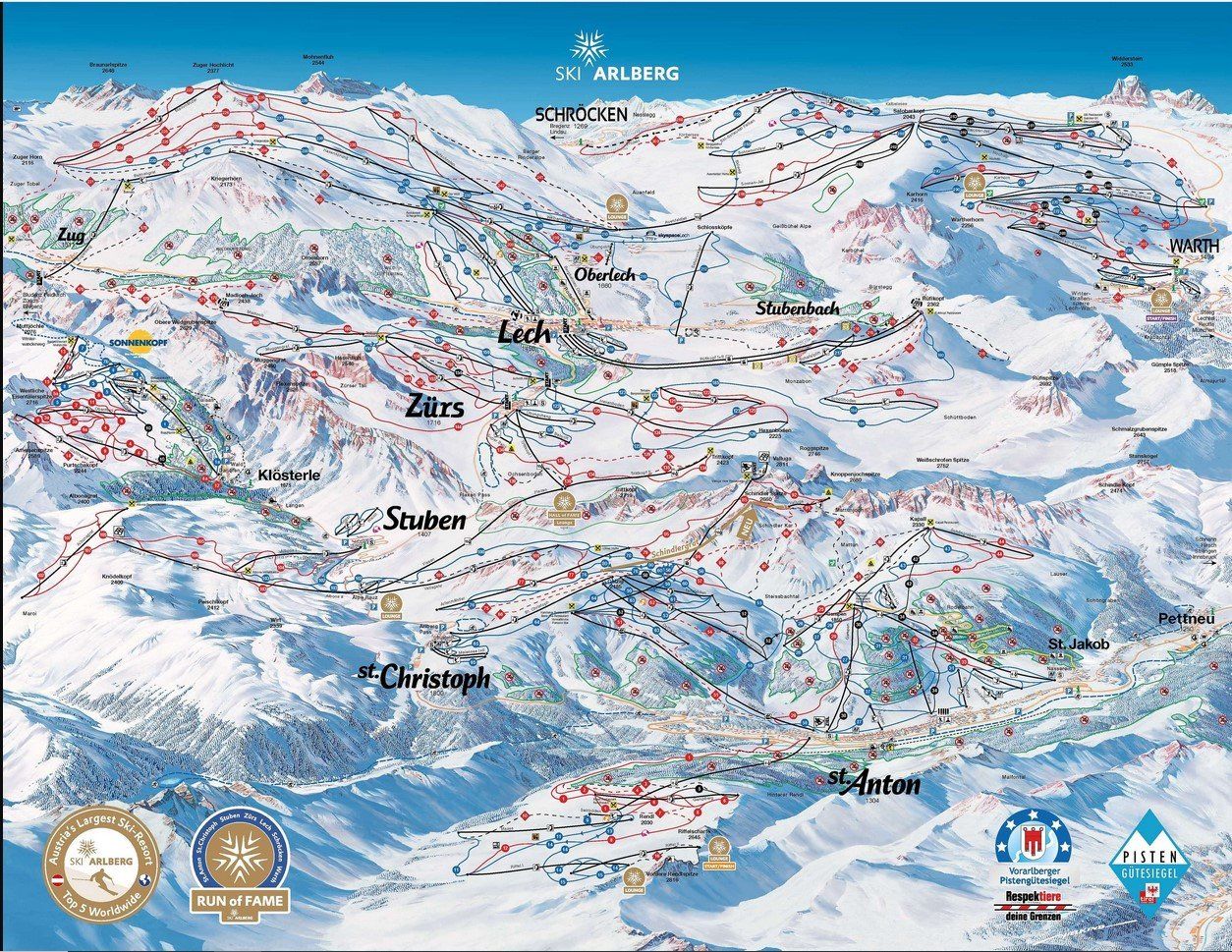 Pistenplan / Karte Skigebiet Stuben, Österreich