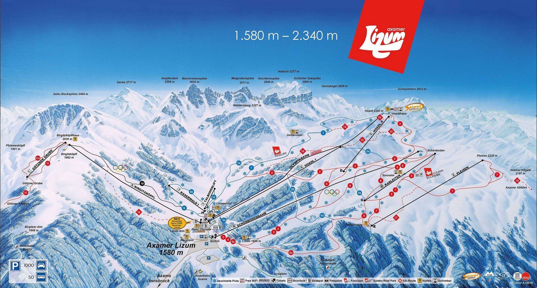 Pistenplan / Karte Skigebiet Axams, Österreich