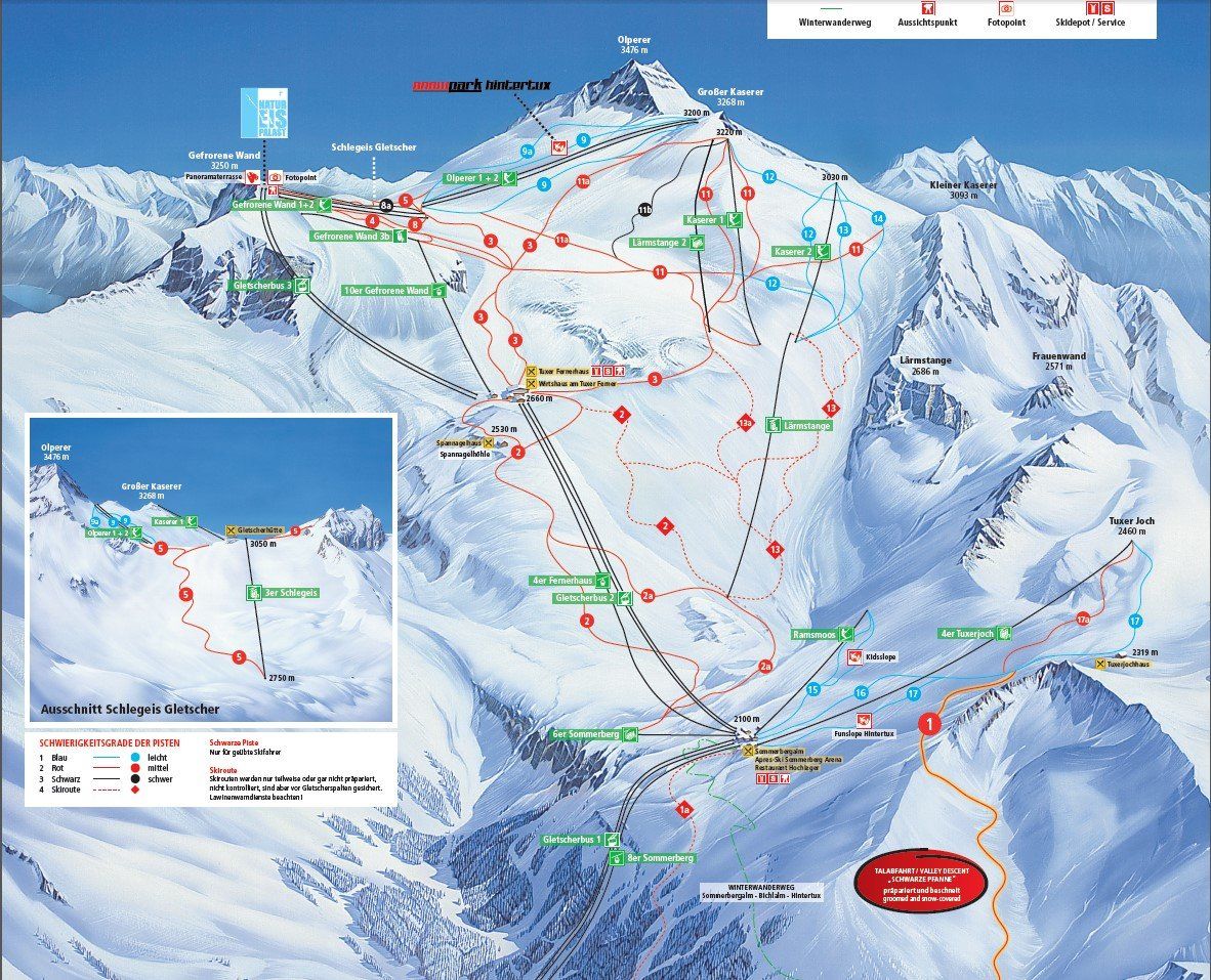 Pistekaart Skigebied Hintertux, Oostenrijk