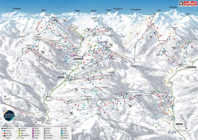 Plán zjazdoviek Skicircus Saalbach Hinterglemm Leogang Fieberbrunn