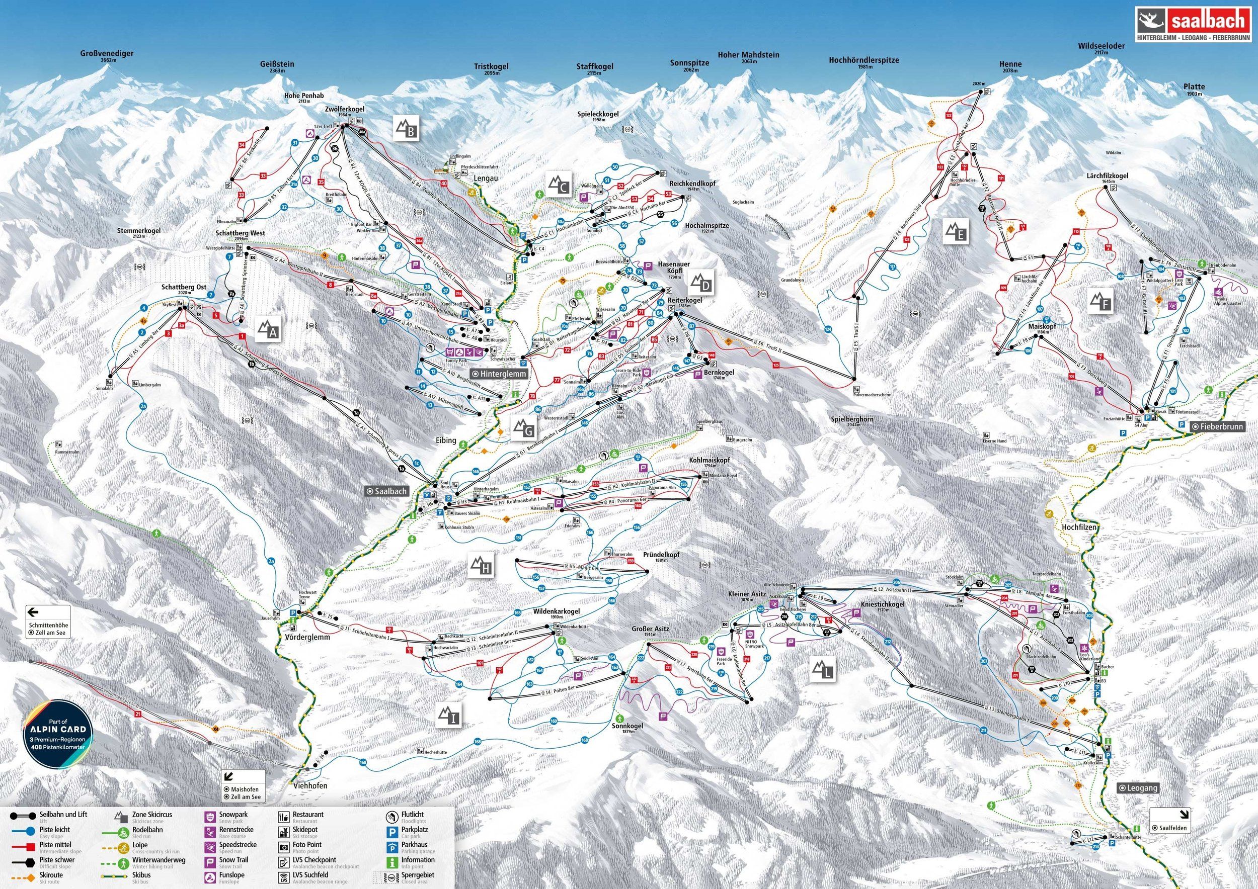 Pistekaart Skigebied Hinterglemm, Oostenrijk