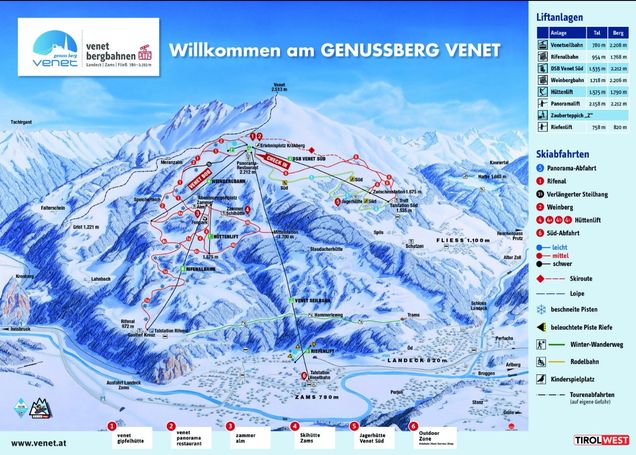 Pistenplan / Karte Skigebiet Zams, Österreich
