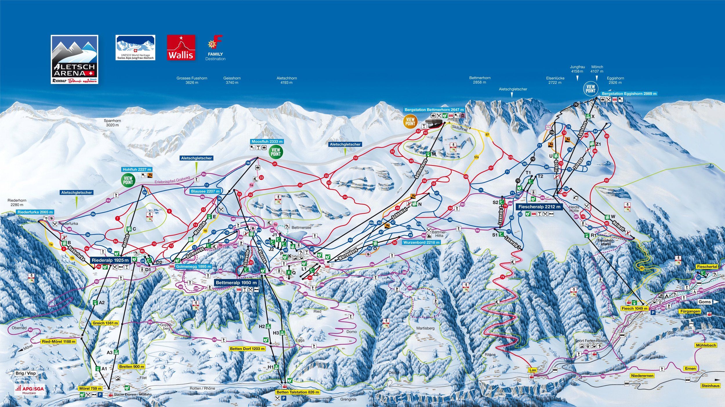 Pistekaart Skigebied Fiesch, Zwitserland