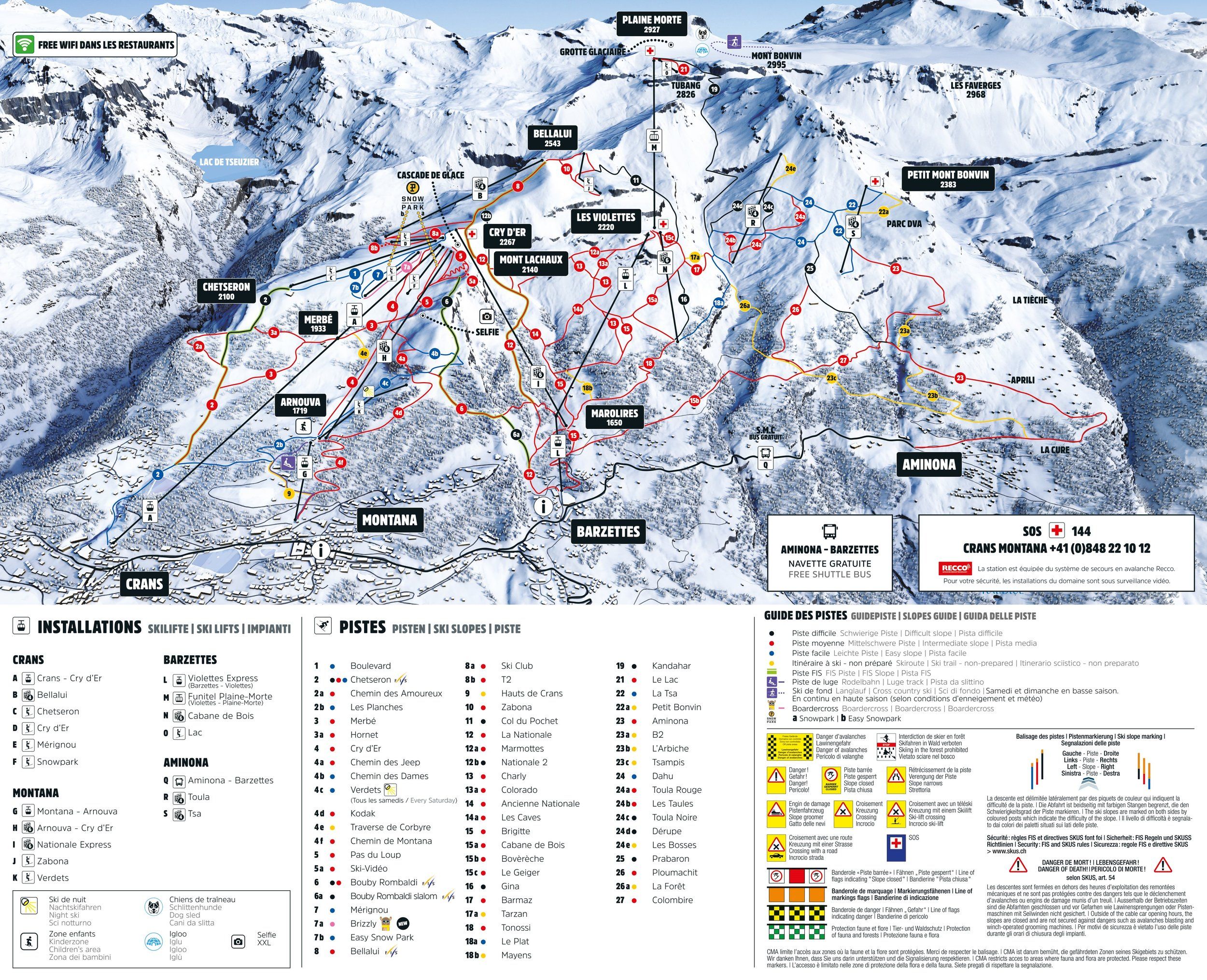 Pistenplan / Karte Skigebiet Crans Montana, Schweiz