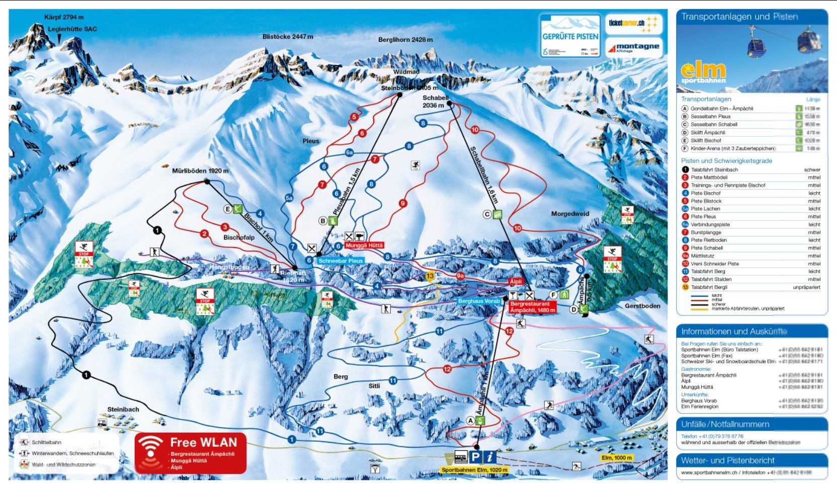 Pistenplan / Karte Skigebiet Elm, Schweiz