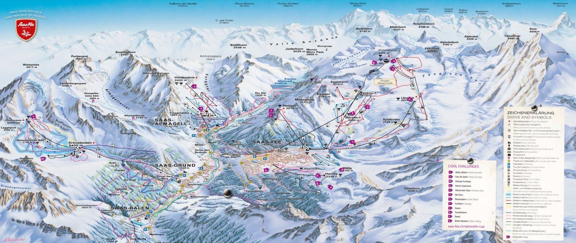 Pistekaart Skigebied Saas-Almagell, Zwitserland