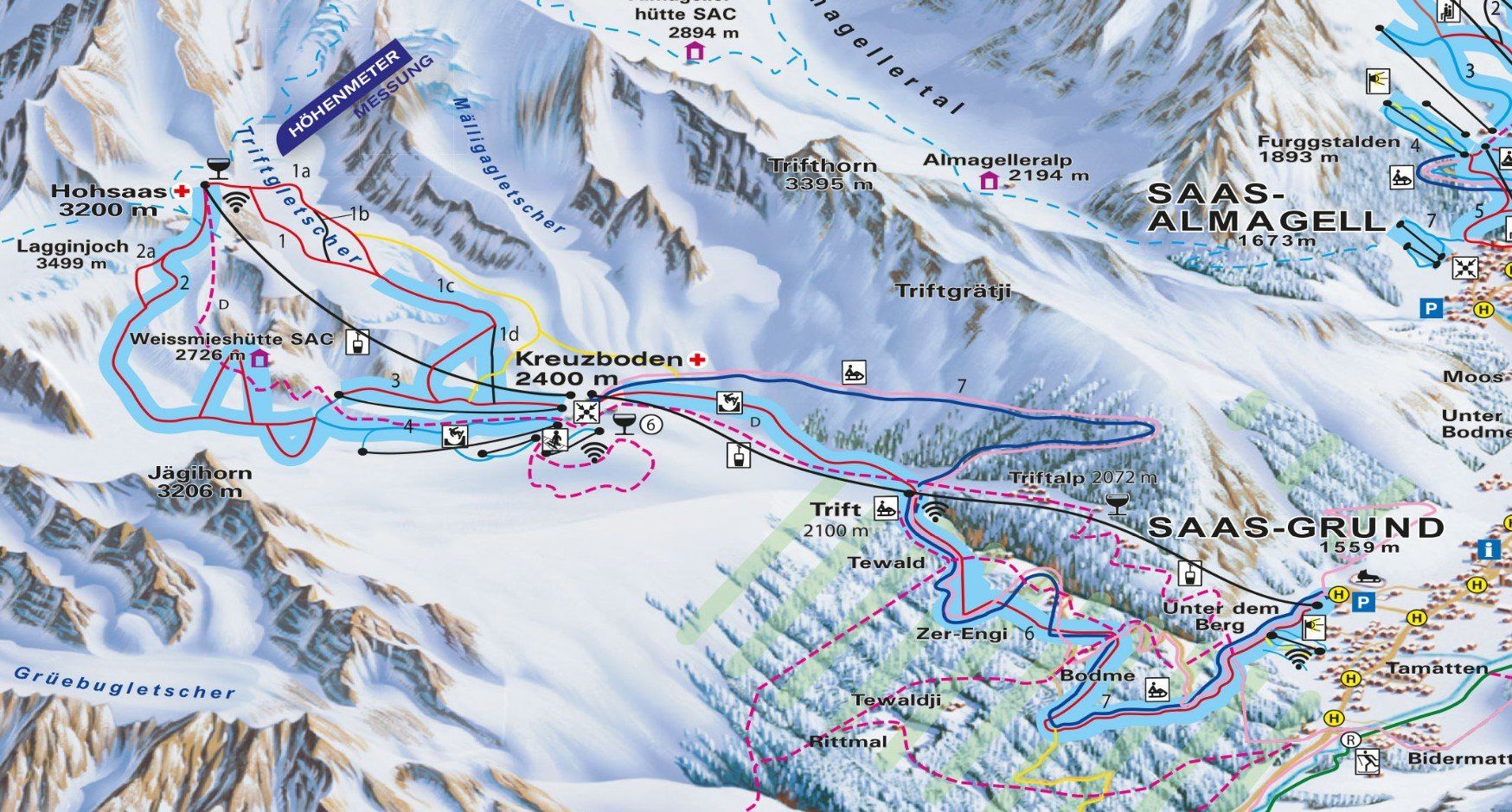 Pistenplan / Karte Skigebiet Saas-Grund, Schweiz