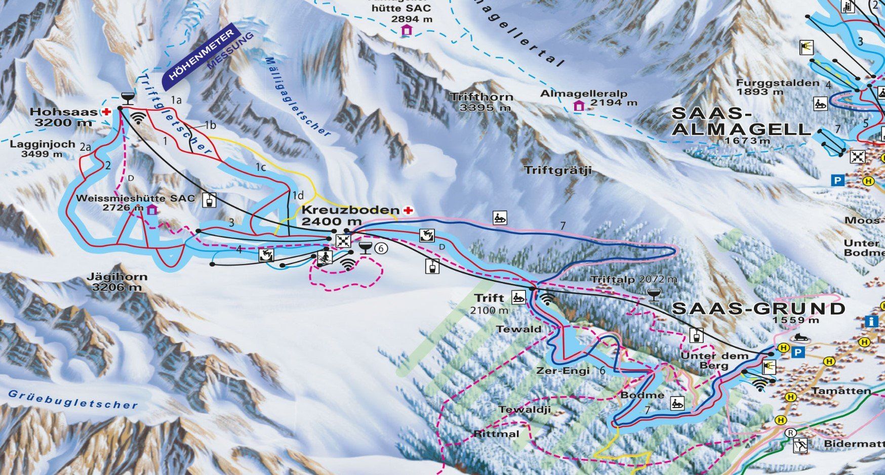 Pistekaart Skigebied Saas-Grund, Zwitserland