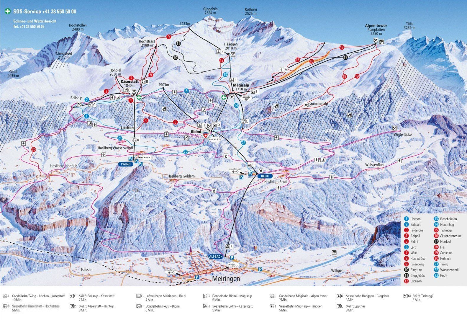 Pistekaart Skigebied Hasliberg, Zwitserland