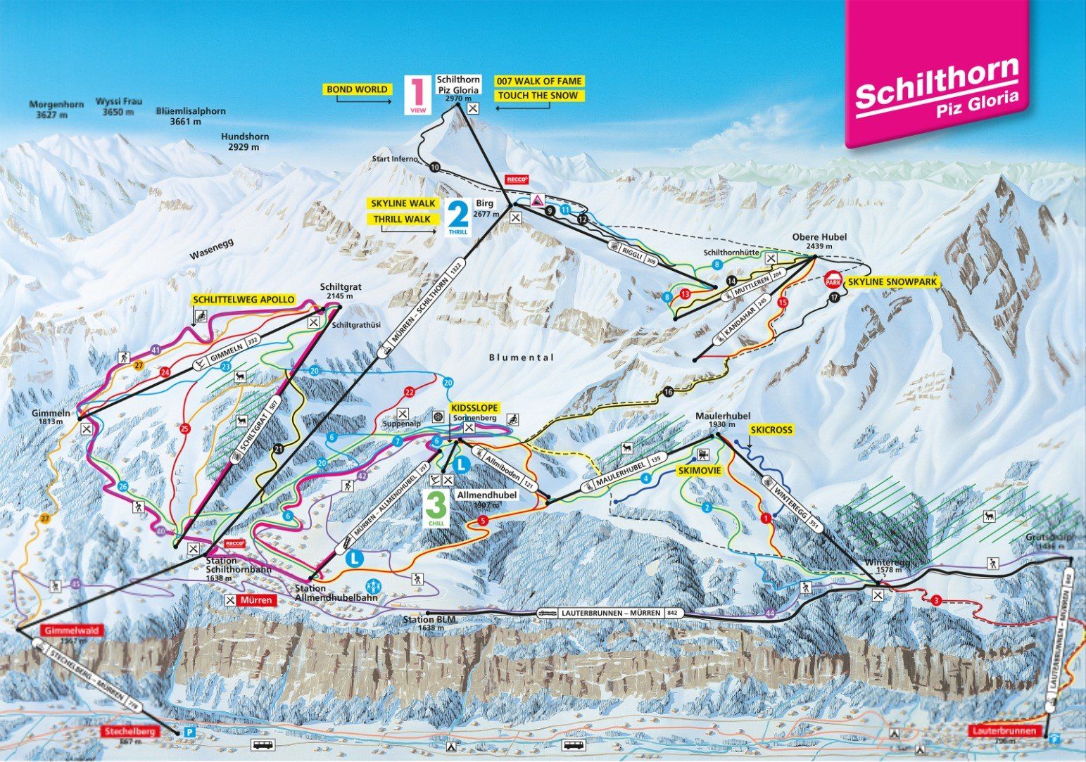Pistenplan / Karte Skigebiet Mürren, Schweiz