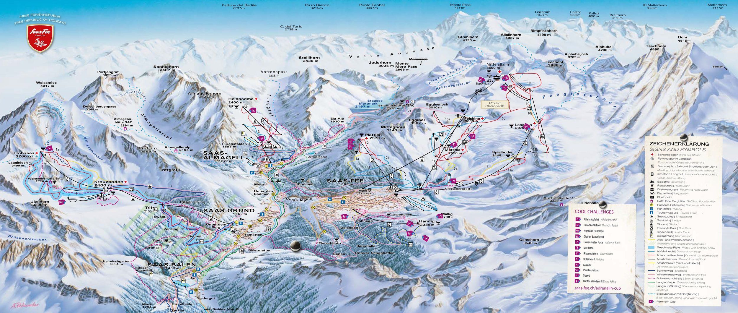 Pistekaart Skigebied Saas-Fee, Zwitserland