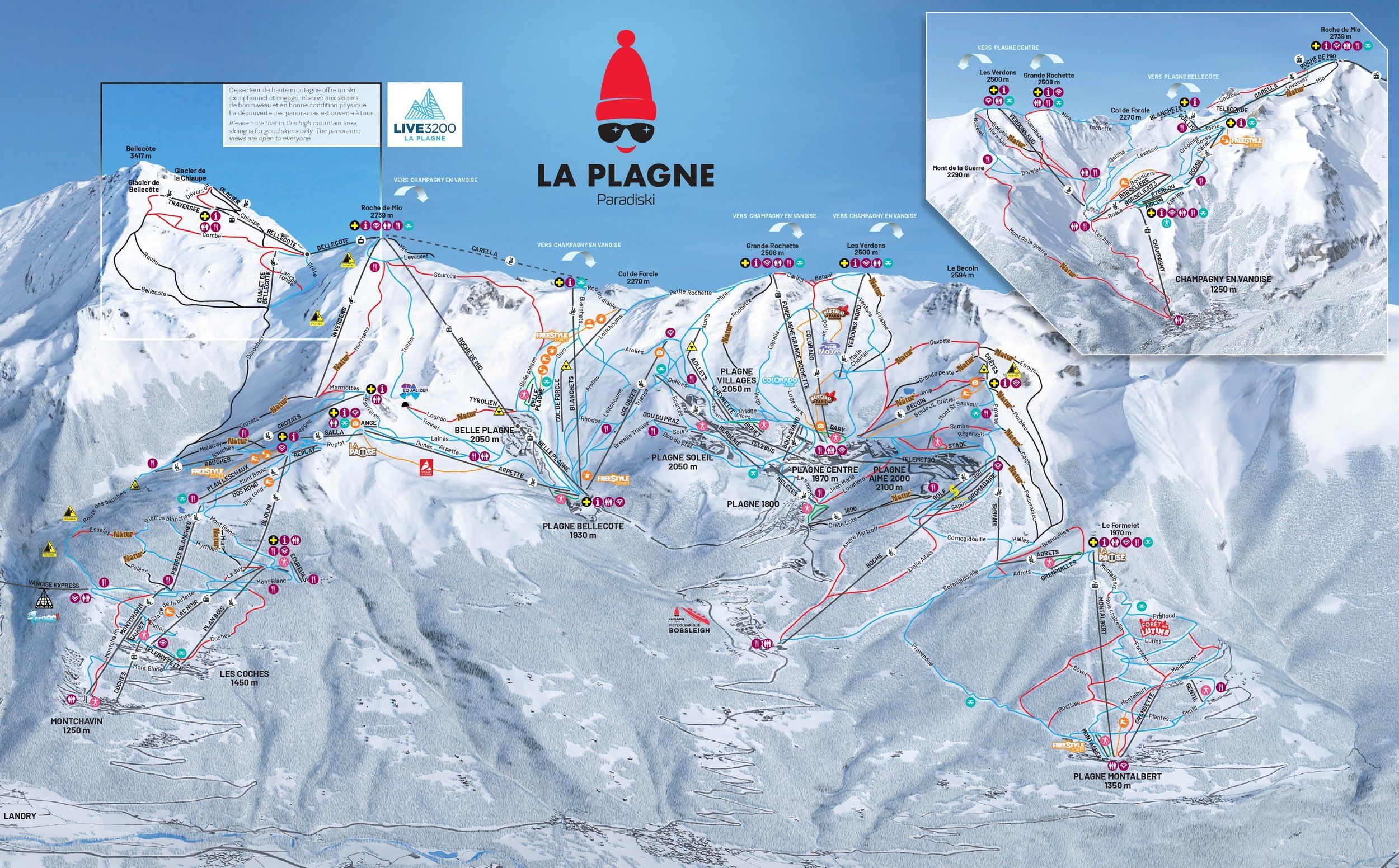 Pistenplan / Karte Skigebiet La Plagne, Frankreich