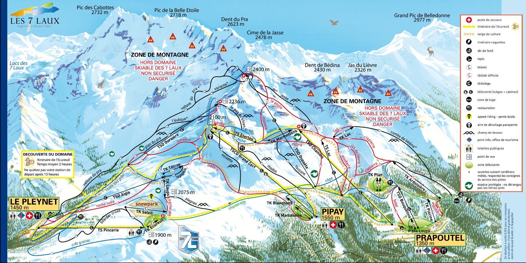 Pistekaart Skigebied Les 7 Laux (Prapoutel), Frankrijk