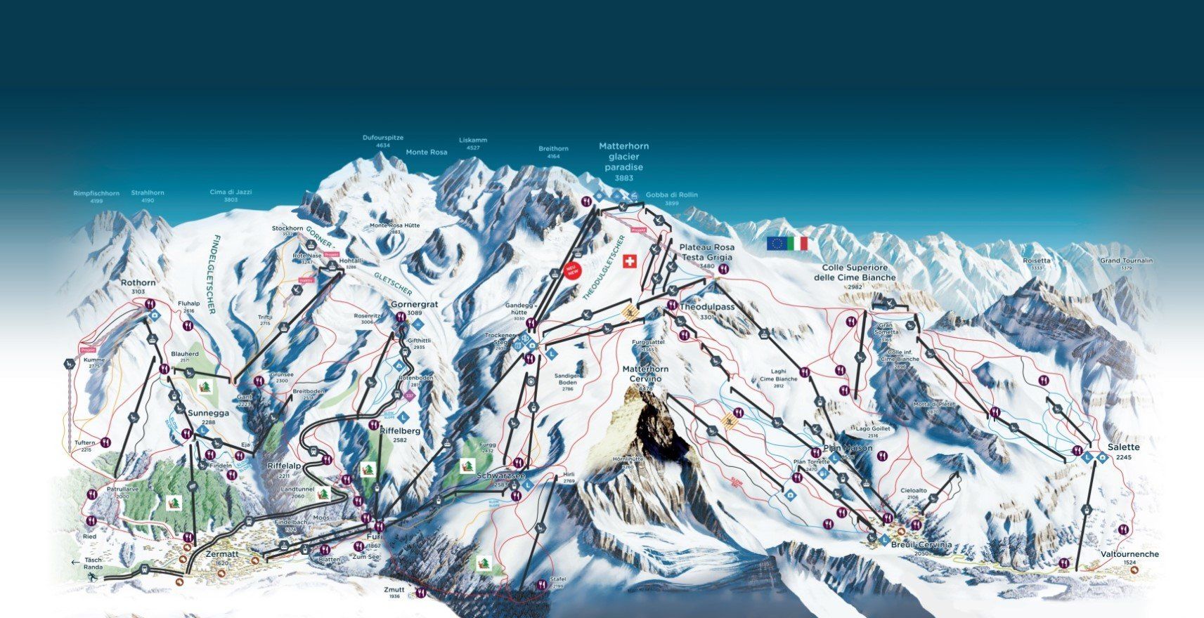 Pistenplan / Karte Skigebiet Valtournenche, Italien