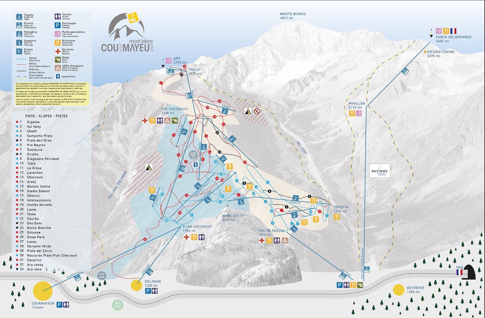 Pistenplan / Karte Skigebiet Courmayeur, Italien