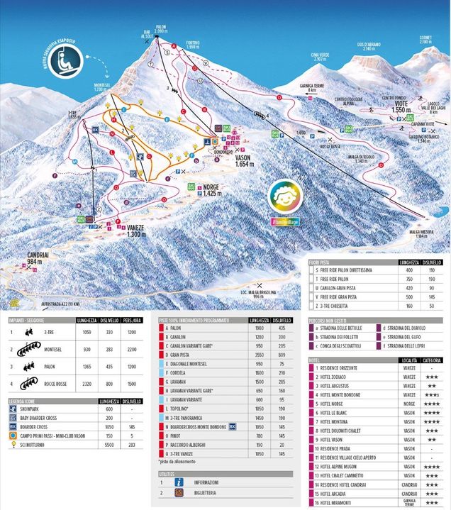 Pistenplan / Karte Skigebiet Monte Bondone, Italien
