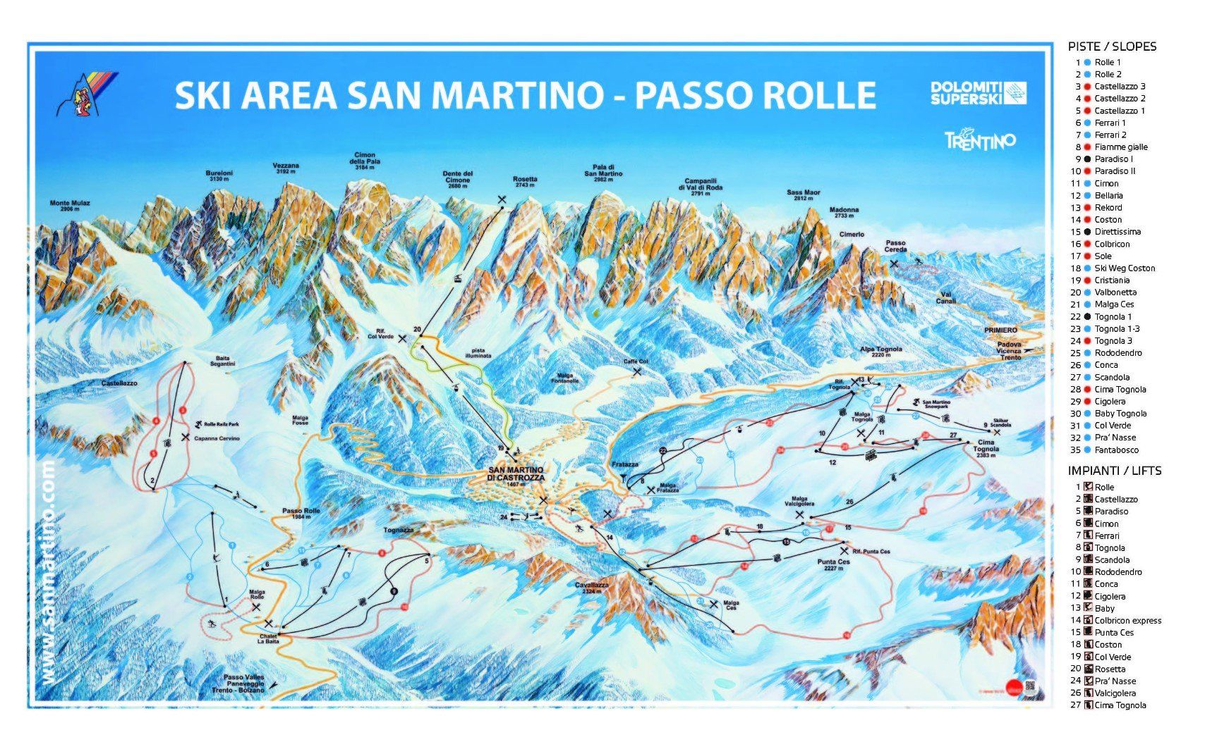 Pistenplan / Karte Skigebiet San Martino di Castrozza, 
