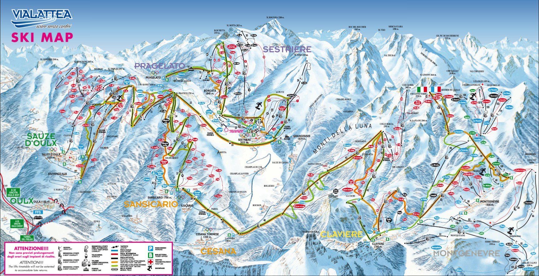 Pistekaart Skigebied Cesana Torinese, Italië