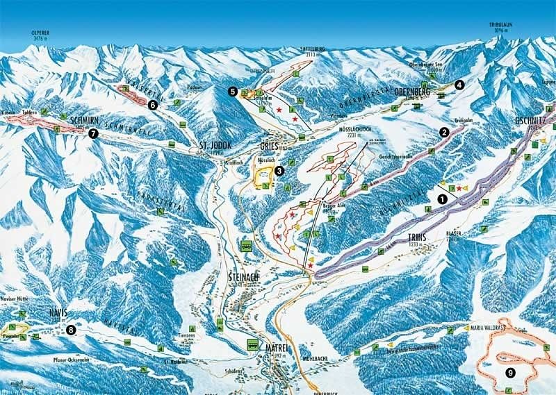 Pistenplan / Karte Skigebiet Trins, Österreich