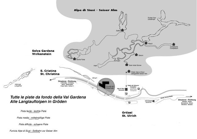 Piantina con piste di sci di fondo Selva di Val Gardena