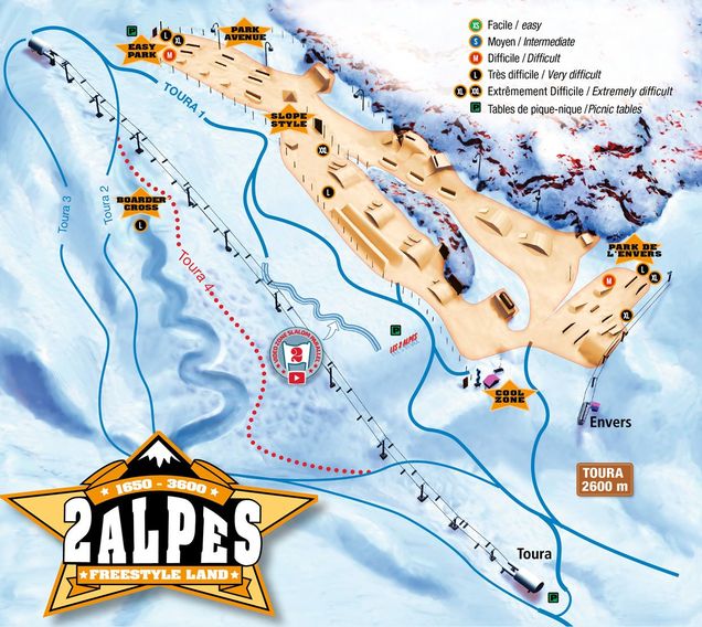 Snow park map Les 2 Alpes