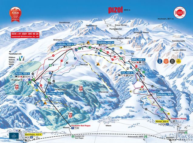 Pistenplan / Karte Skigebiet Bad Ragaz, Schweiz
