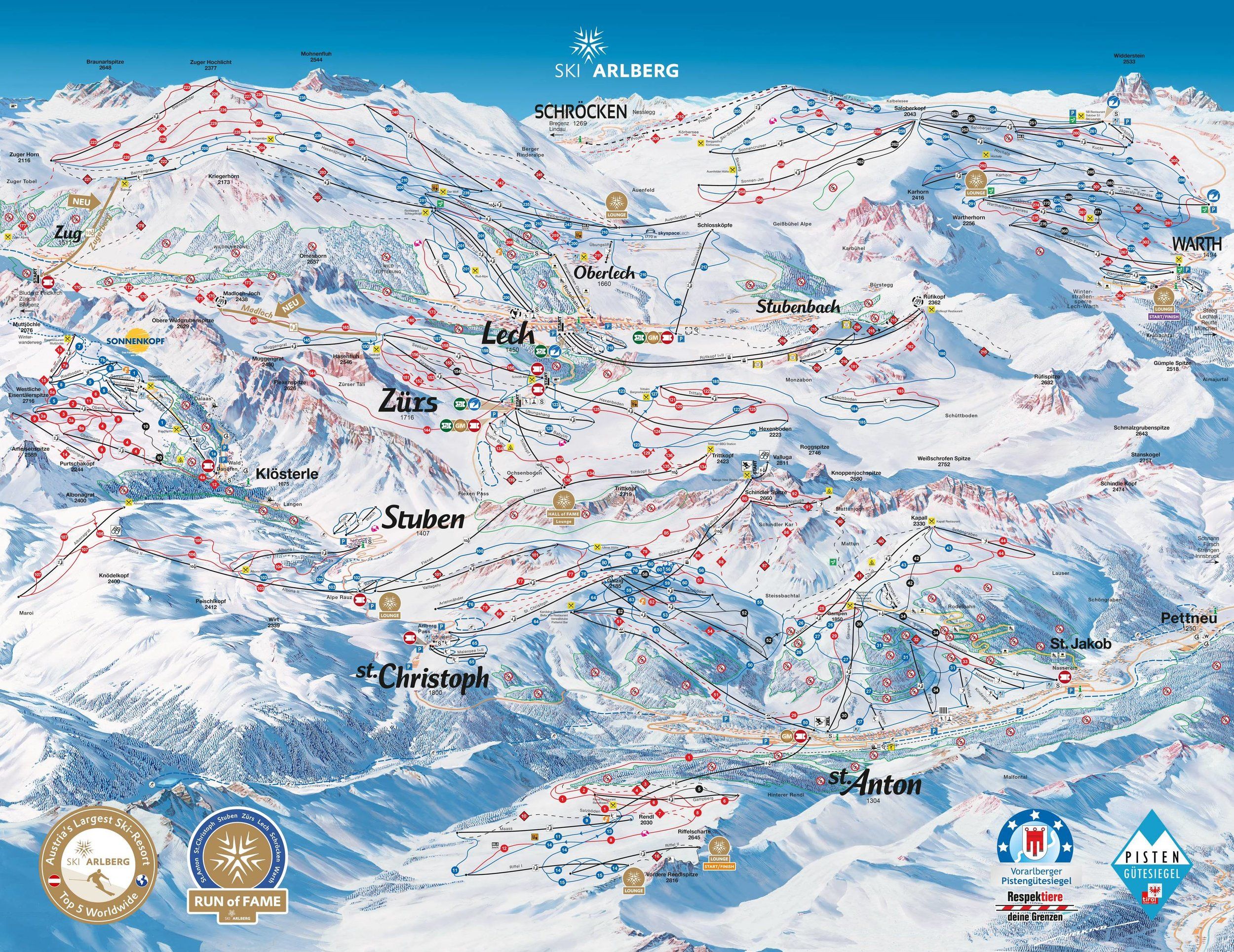 Pistenplan / Karte Skigebiet St. Anton, Österreich