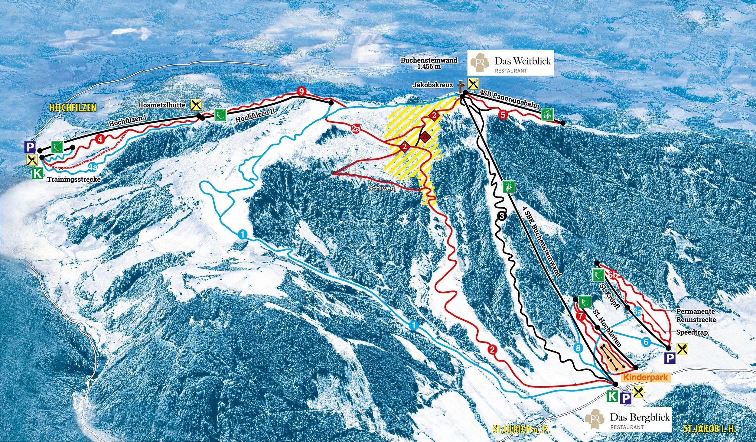 Pistekaart Skigebied Hochfilzen, Oostenrijk