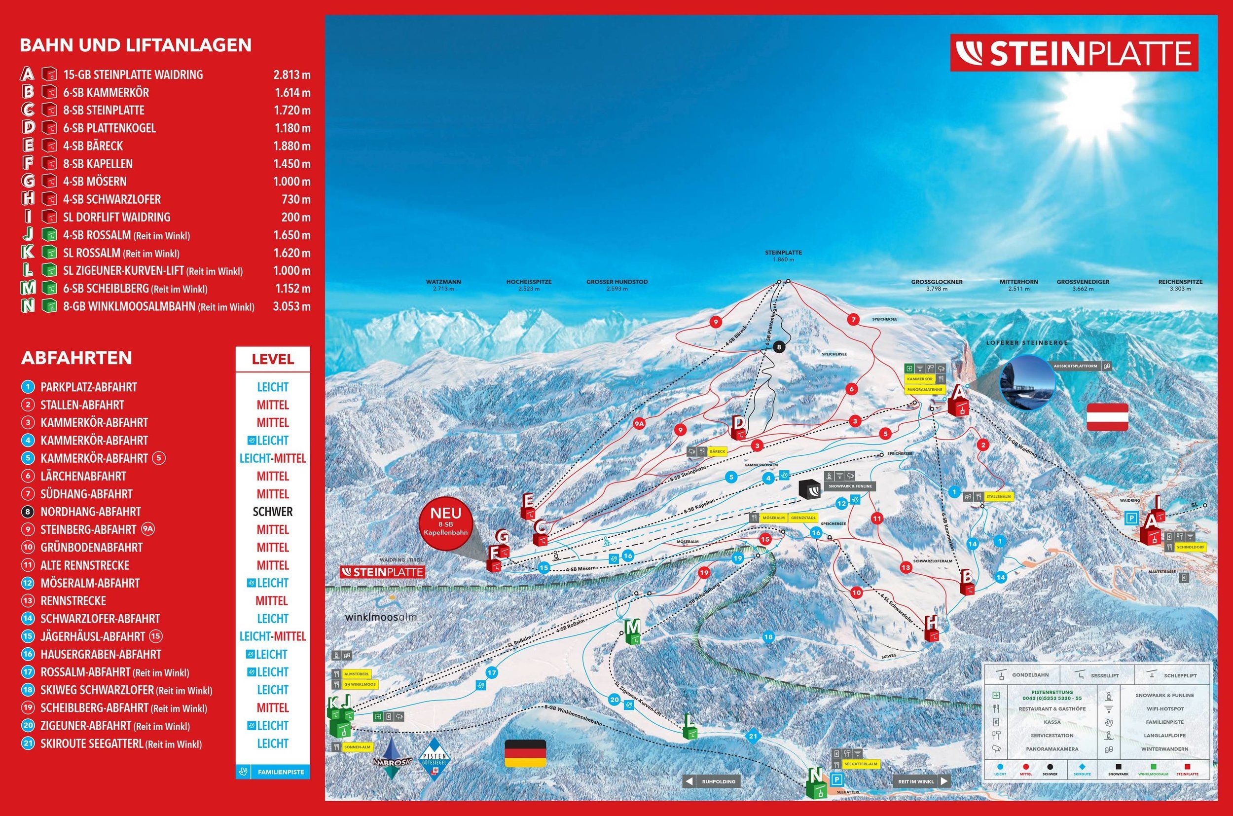 Pistenplan / Karte Skigebiet Waidring (Steinplatte), Österreich