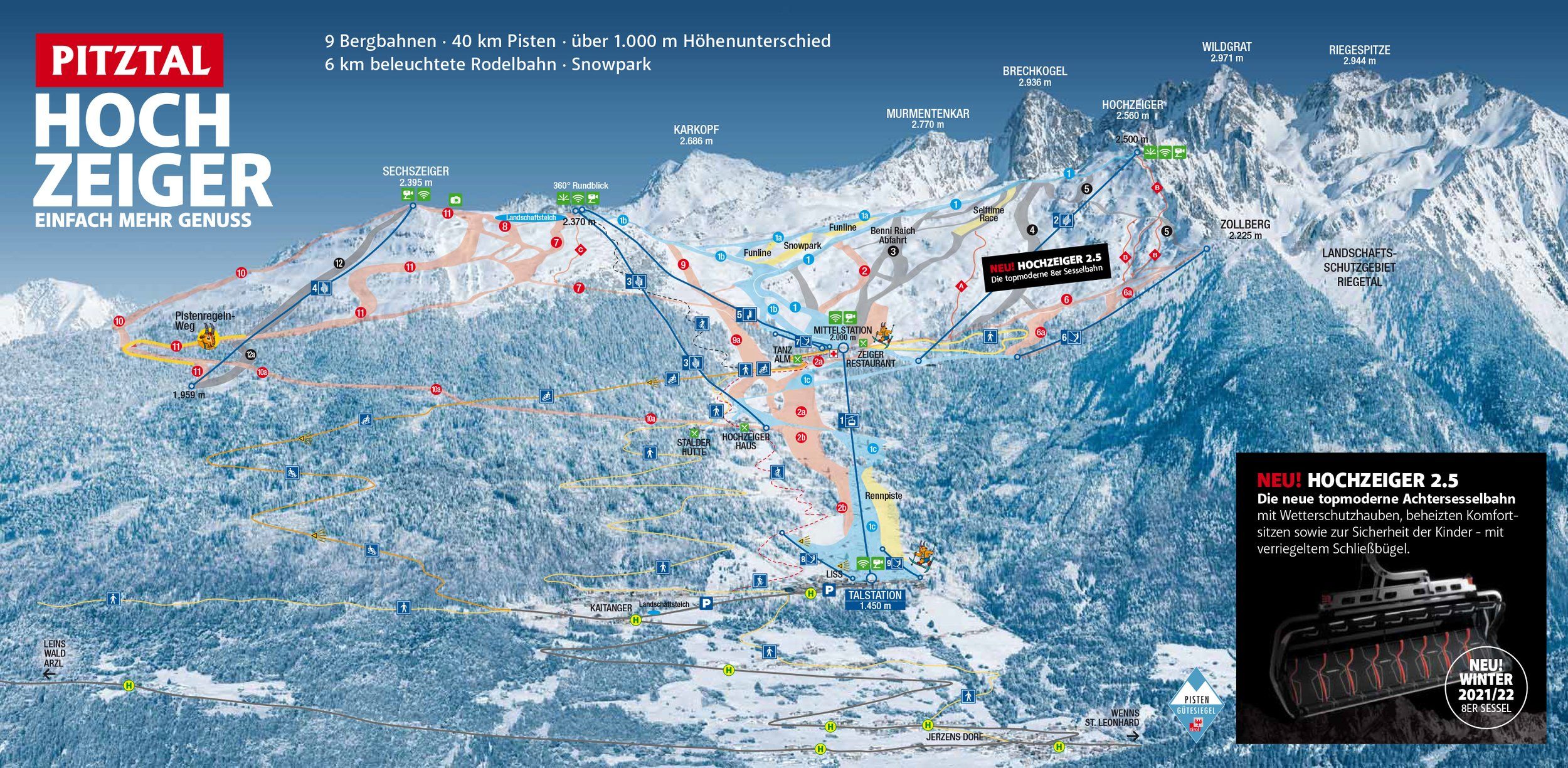 Pistekaart Skigebied Jerzens, Oostenrijk