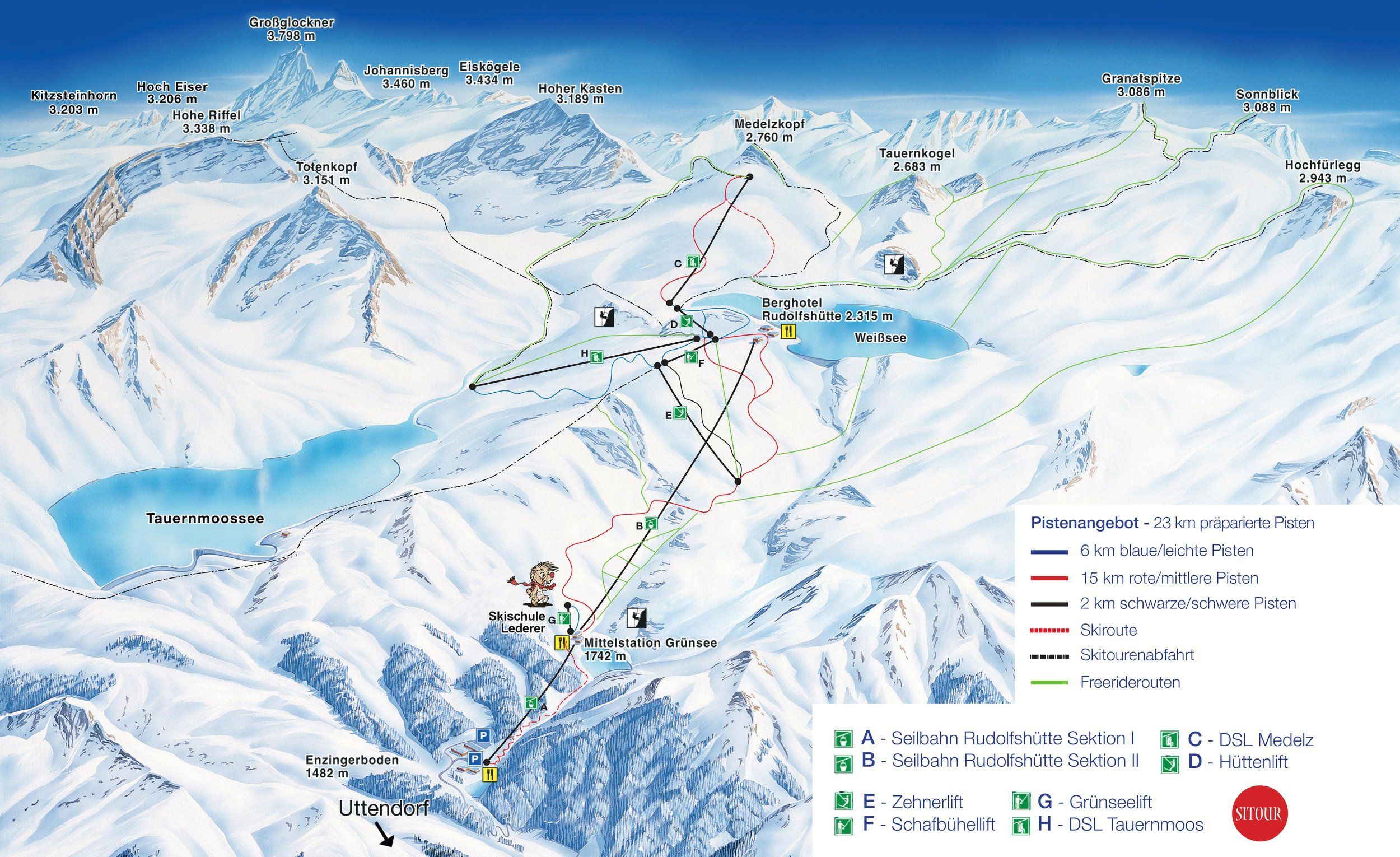 Pistekaart Skigebied Uttendorf - Weißsee Gletscher, Oostenrijk