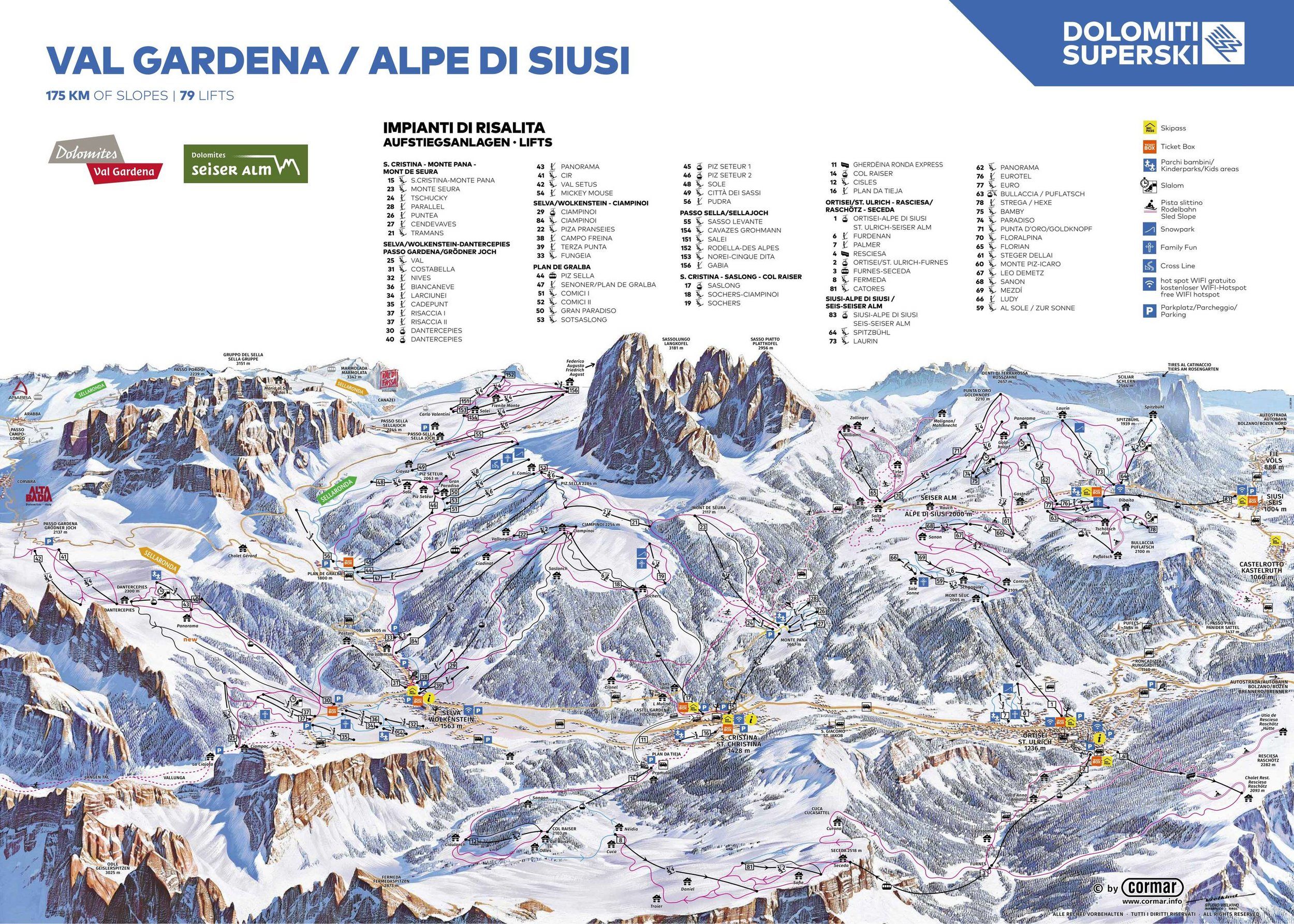 Pistenplan / Karte Skigebiet Wolkenstein, Italien