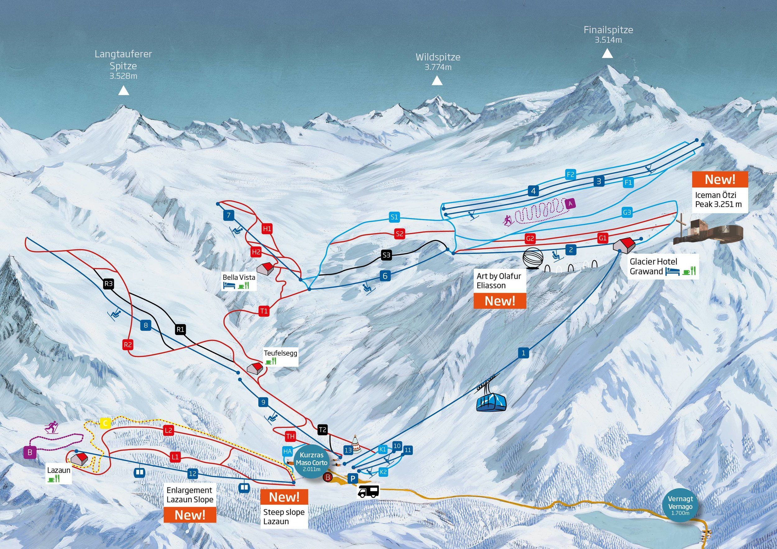 Pistenplan / Karte Skigebiet Kurzras, Italien