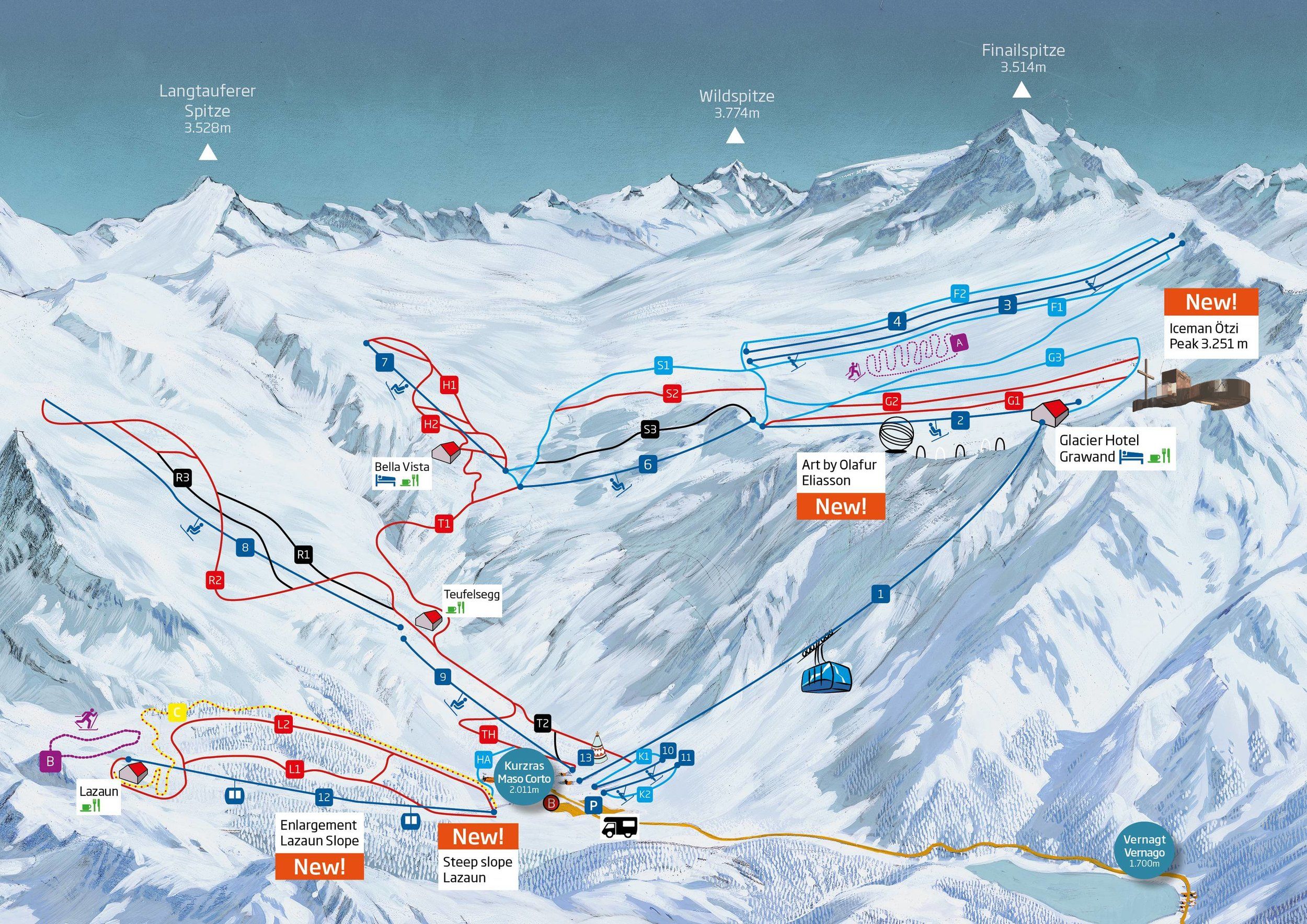 Pistekaart Skigebied Kurzras, Italië