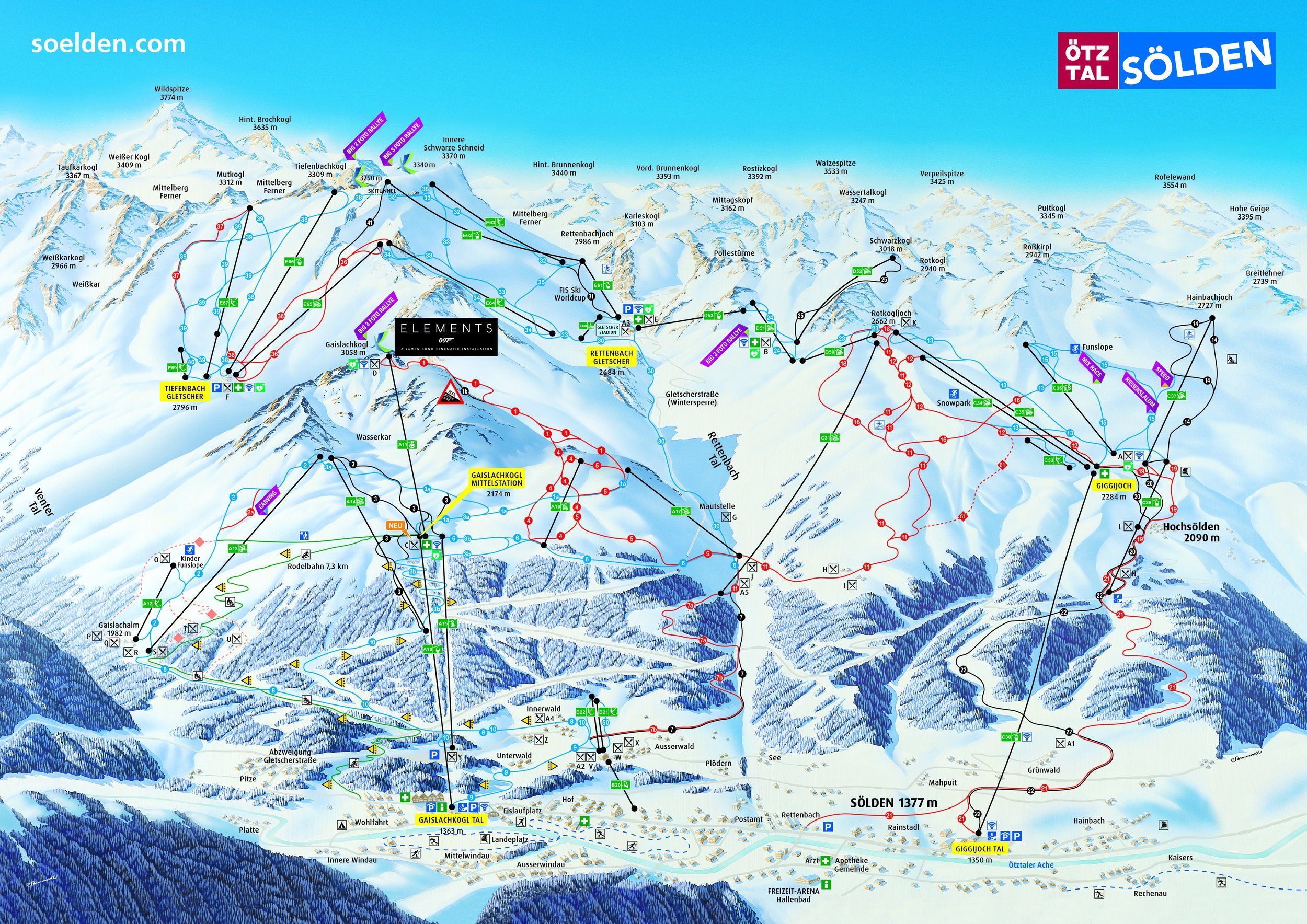 Pistekaart Skigebied Längenfeld, Oostenrijk