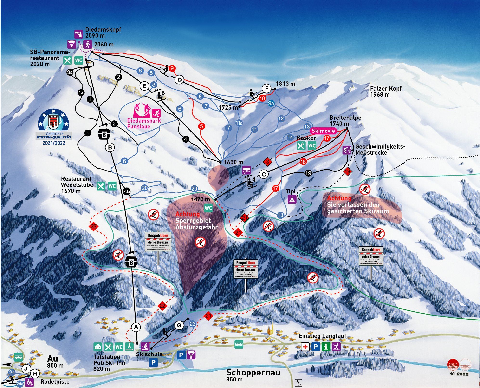Pistenplan / Karte Skigebiet Au, Österreich