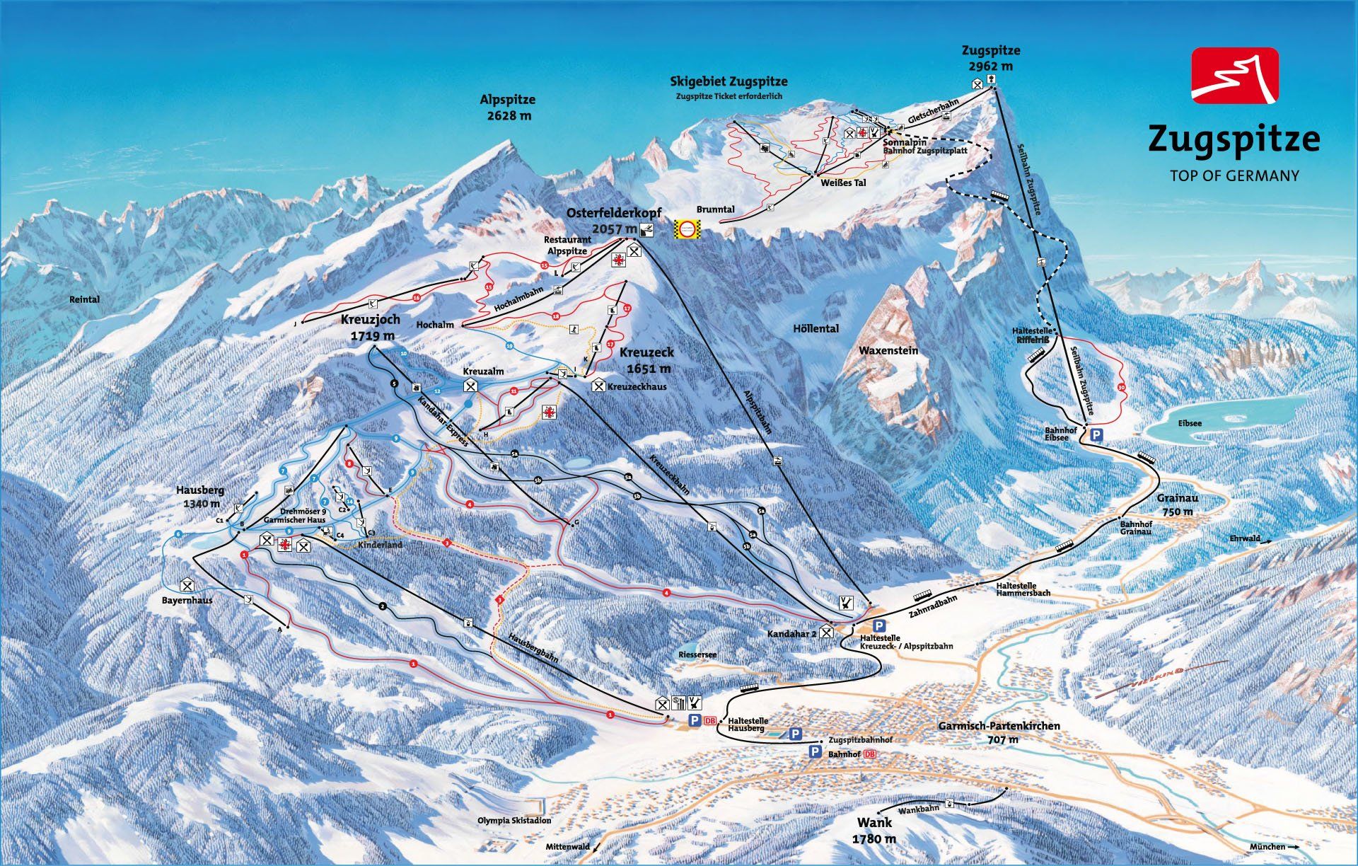 Pistenplan / Karte Skigebiet Grainau, Deutschland