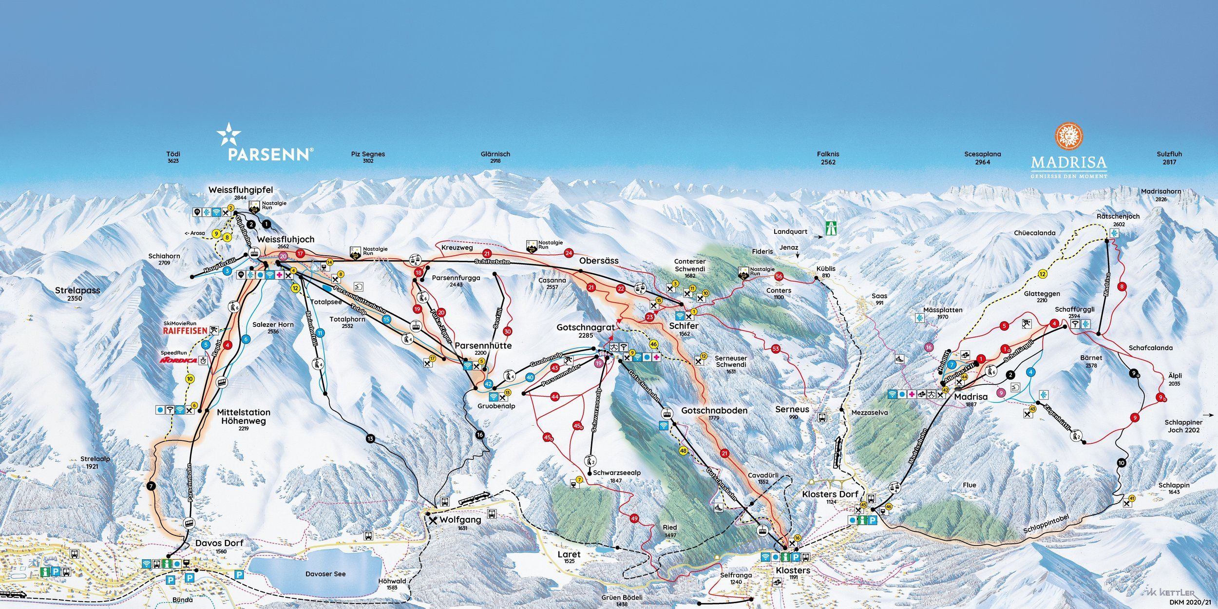 Pistenplan / Karte Skigebiet Klosters, 